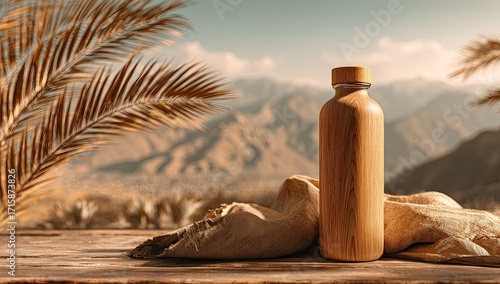 Wooden water bottle on rustic table, desert backdrop