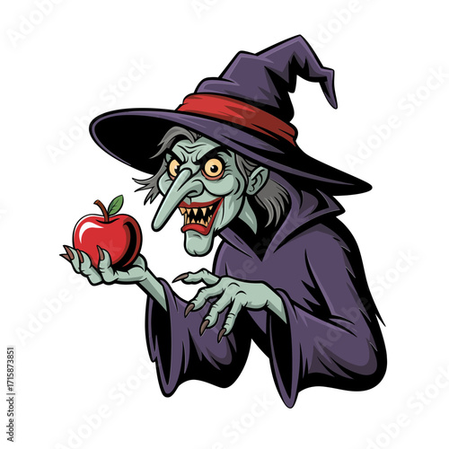 wicked witch character, crooked hat, poisonous apple, long nose, fairytale villain vibe, halloween illustration, spooky sticker, vector design