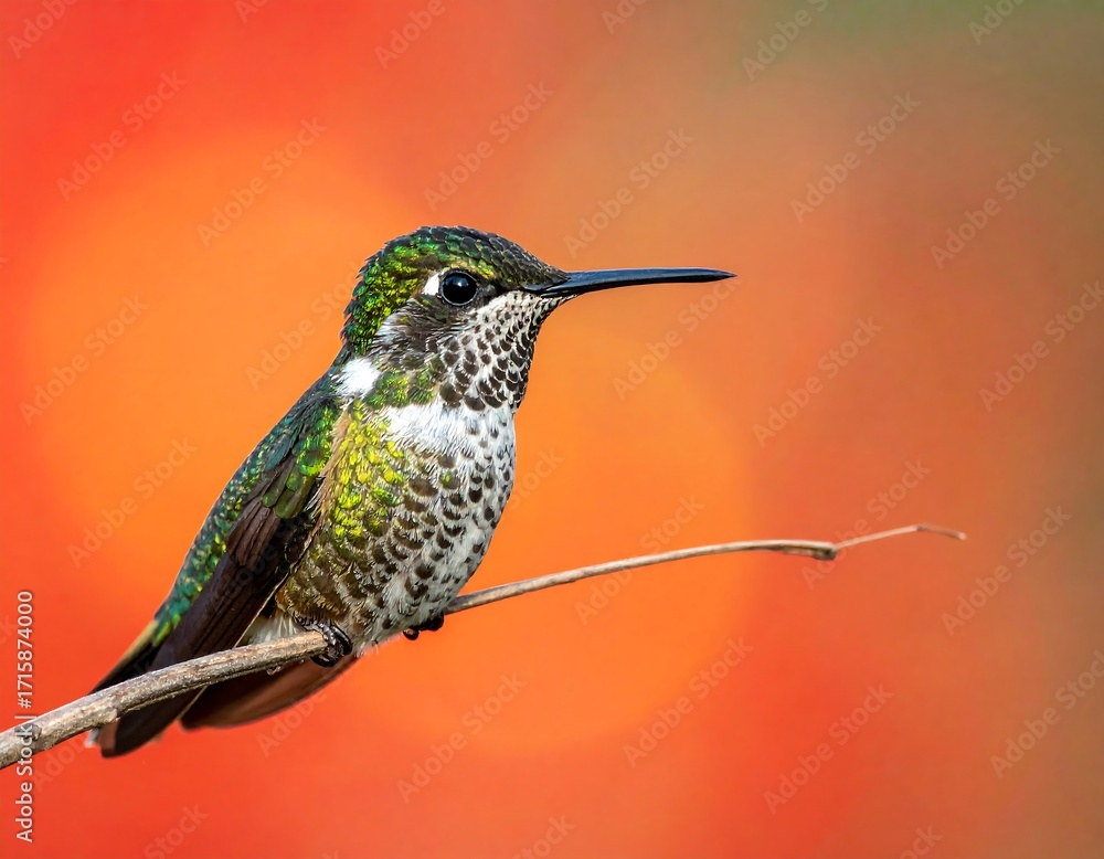 Obraz premium A close-up of a vibrant hummingbird, with striking green and white plumage, perched delicately on a slender branch against a soft, gradient backdrop of orange and muted tones.