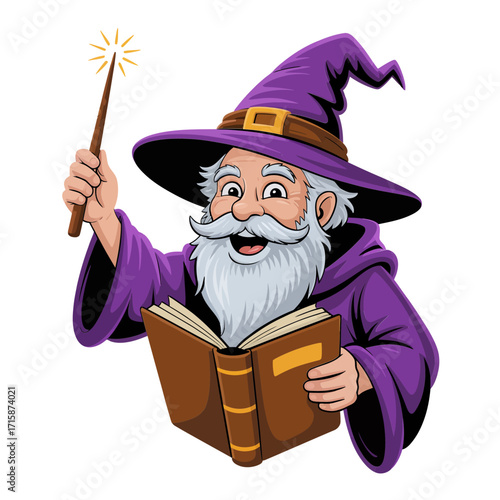 friendly wizard mage, pointed hat, magic wand spark, open spellbook, fantasy sorcerer character, kids halloween artwork, vector illustration