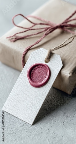Gift box with a white tag and red wax seal