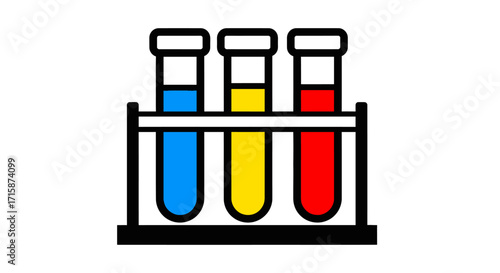 Vector graphic icon of three colorful chemical test tubes in a laboratory rack, symbolizing science, research, and experimentation on an isolated background