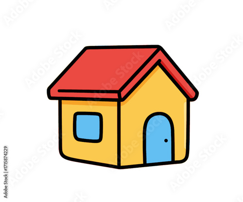 A simple cartoon illustration of a yellow house with a red roof and a blue door and window.