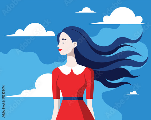 Beautiful Woman with Flowing Hair — Flat Vector Illustration