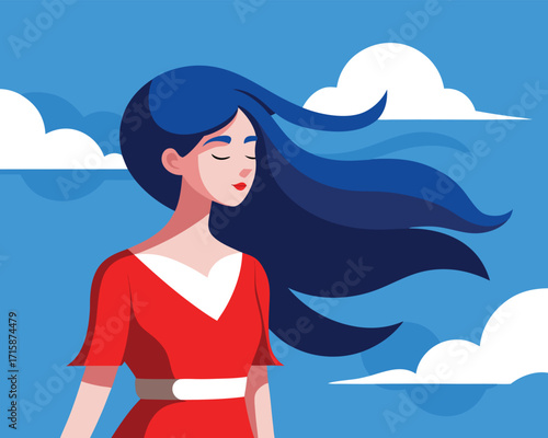Beautiful Woman with Flowing Hair — Flat Vector Illustration