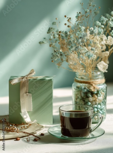 Light-filled still life featuring a mint green gift box, dried flower arrangement, and coffee cup