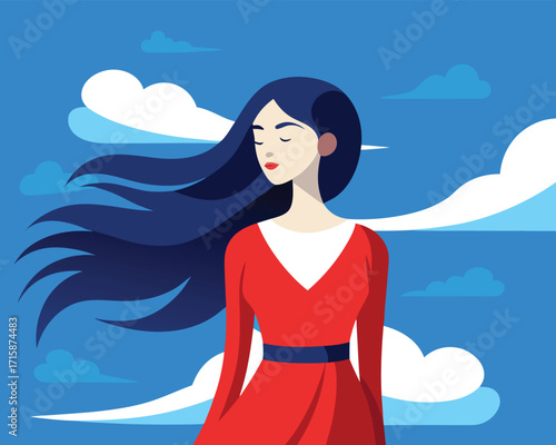 Beautiful Woman with Flowing Hair — Flat Vector Illustration