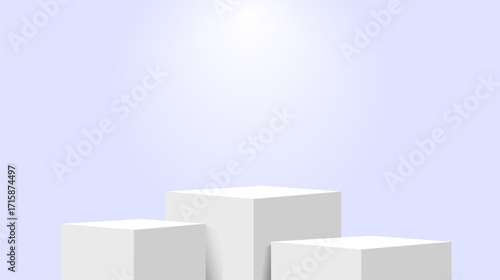 Three white podiums of varying heights are set against soft blue gradient background, creating minimalist and modern display. podiums are arranged black surface, enhancing their sleek and clean