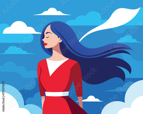 Beautiful Woman with Flowing Hair — Flat Vector Illustration