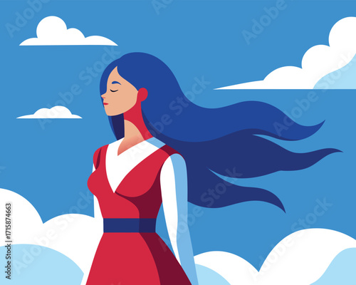 Beautiful Woman with Flowing Hair — Flat Vector Illustration