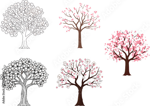 Blossoming tree illustration set, cherry blossom drawings, floral art collection, spring season trees, pink flowers, nature design, decorative botanical elements