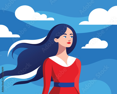 Beautiful Woman with Flowing Hair — Flat Vector Illustration
