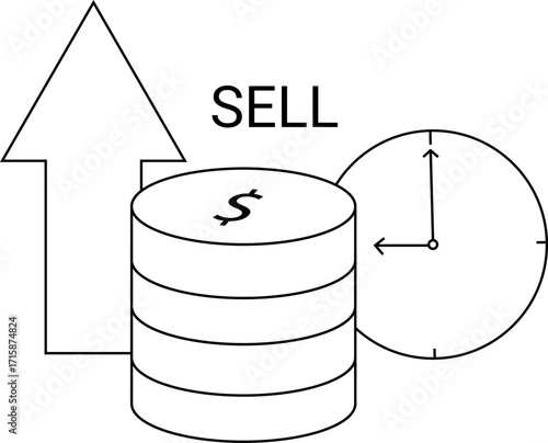 icon of a stack of rising dollar coins and a wall clock with a white background