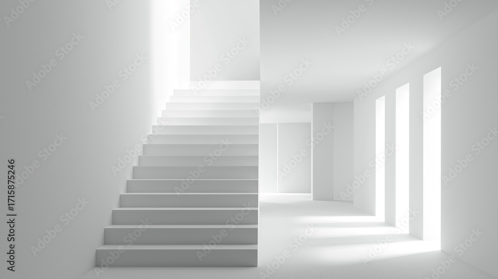 Fototapeta premium A clean minimalist staircase disappearing into white space.