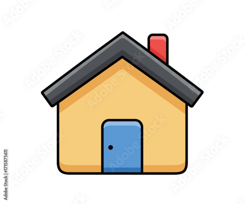 Illustration of a simple house with a blue door and red chimney.