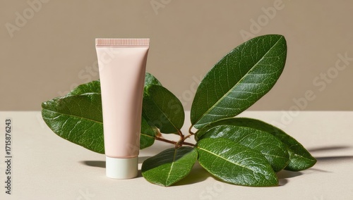 Pink tube of cream beside fresh leaves