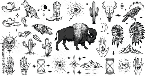 Western tattoo designs, bison, cowboy hat, cactus, skull, wolf, raven, tribal symbols, mystical eye, mountains, cad drawing flat vector illustration