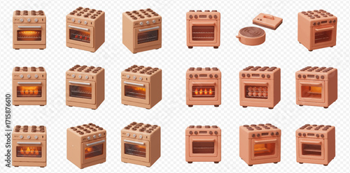 Collection of cartoon ovens with varying levels of heat and cooking utensils on a transparent background.