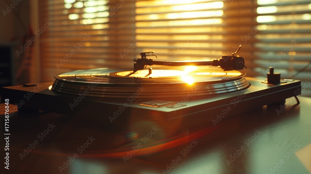 Fototapeta premium A vintage record player playing a vinyl record on a cozy retro table by the window with warm sunlight.