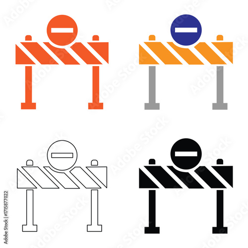Road Barrier and Construction Zone Icon Set – Traffic Stop and Warning Signs Collection 