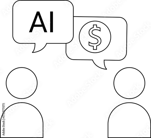 icon of 2 people interacting about artificial intelligence and dollar coins with a white background