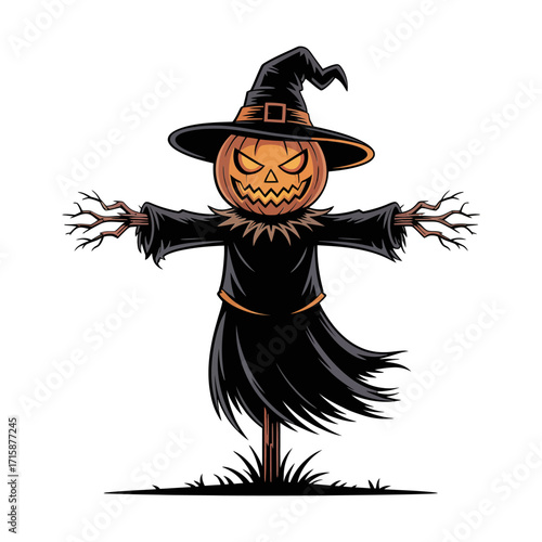 pumpkin head scarecrow silhouette, witch hat, outstretched arms, eerie farmland guardian, spooky halloween artwork, minimal cartoon vector design