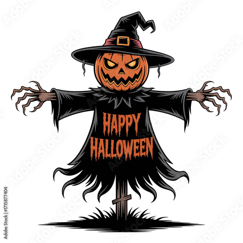 dark scarecrow with pumpkin head, tattered cloak, extended arms, happy halloween text, eerie silhouette, night scene, vector illustration