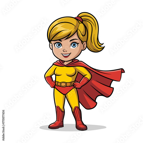 Girl superhero character, blonde ponytail, red cape, yellow suit, hands on waist pose, cartoon vector, kids hero design