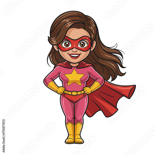 Superhero girl illustration, brunette hair, red mask, pink costume, star emblem, flowing cape, cute cartoon vector, playful design