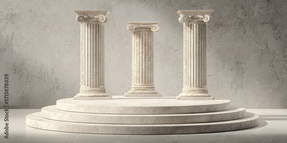 Naklejka premium Three classical columns of varying heights stand on a tiered, circular marble platform against a textured wall