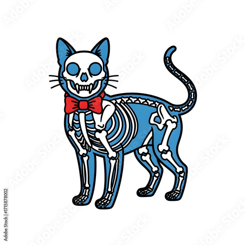 Cat skeleton with bow tie isolated on transparent background halloween clipart