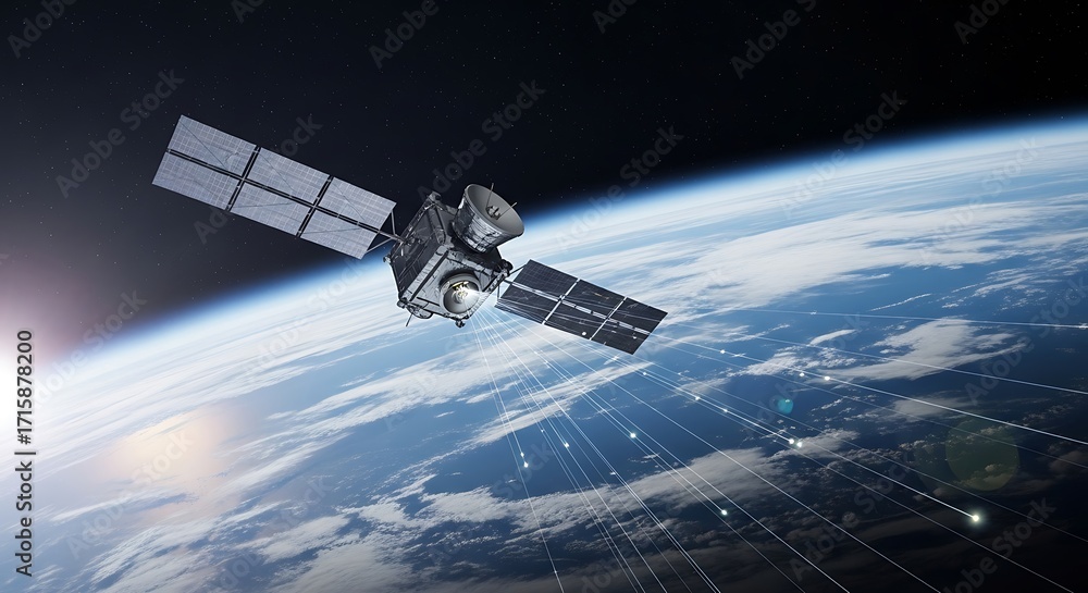 Fototapeta premium A sophisticated satellite orbits Earth, showcasing a network of connections extending outward.
