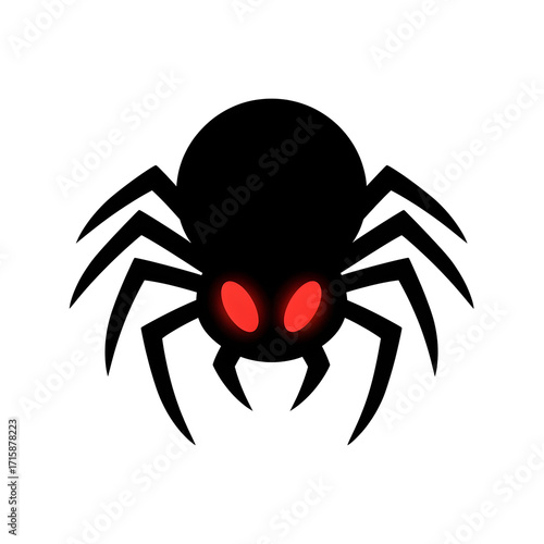 Black spider with glowing red eyes isolated on transparent background, a scary icon halloween clipart