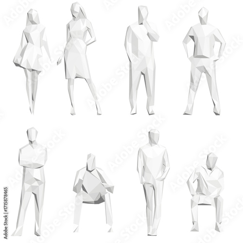 A pack of low polygonal people in white, arranged symmetrically with varied poses for a balanced and visually pleasing composition.
