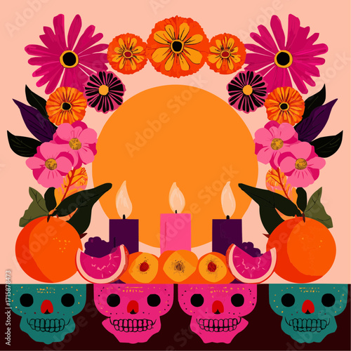 Colorful Día de los Muertos altar with marigolds, sugar skull and glowing candles in flat festive vector with central circle for seasonal text