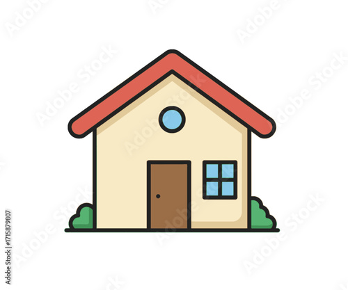 A simple cartoon illustration of a small house with a red roof, brown door, and a blue window on a white background.
