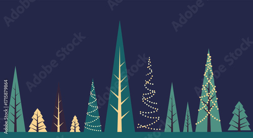 A whimsical collection of diverse stylized evergreen trees illuminated by gentle decorative lights against a deep blue night sky.