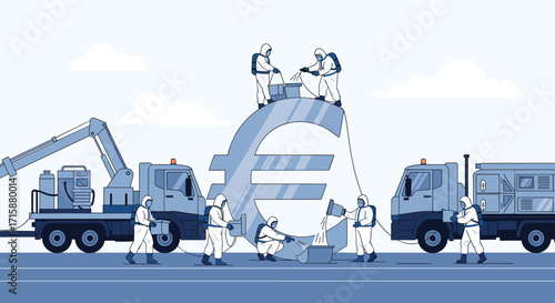 Workers constructing a giant euro symbol with cranes and trucks.