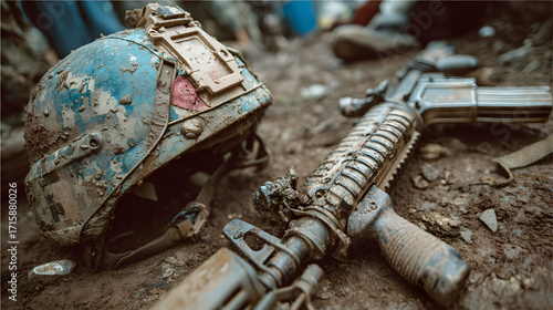 muddy military helmet and rifle
