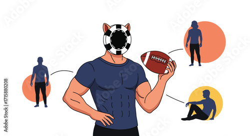 An anthropomorphic character with a soccer ball for a head and a football in hand surrounded by silhouetted figures connected by lines.