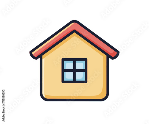 A simple cartoon icon of a house with yellow walls, a red roof, and a blue window, isolated on a white background.