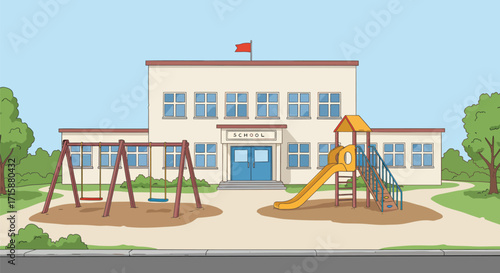Elementary School Building With Playground and Swings