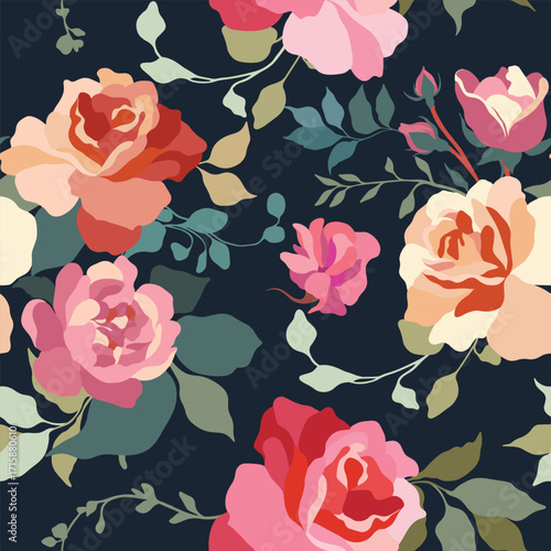 Romantic floral artwork with blooming roses in warm tones set against a deep navy backdrop ideal for seasonal campaigns, nature inspired branding, or visual storytelling