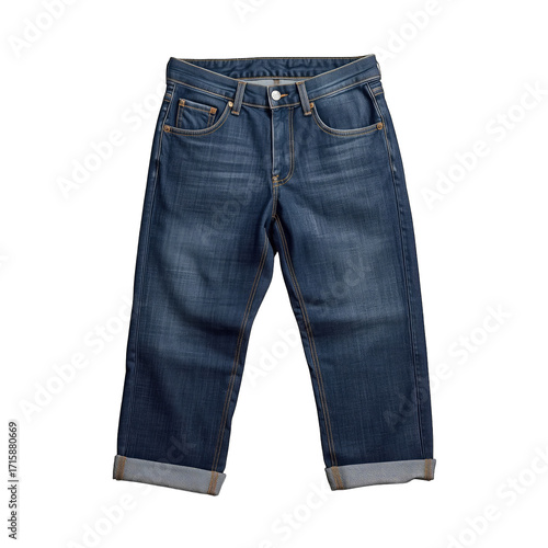 Stylish unisex denim jeans featuring a relaxed fit and rolled cuffs, perfect for casual wear.