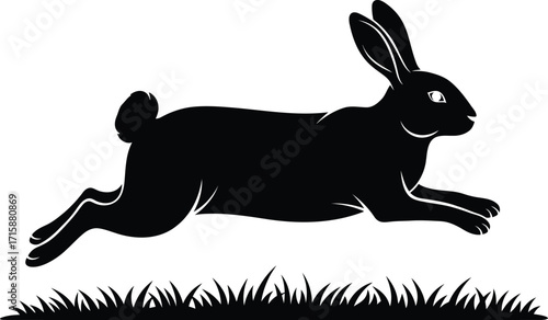 Black Rabbit Leaping Over Green Grass Silhouette Illustration