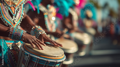 Junkanoo Festival Drummers in Colorful Costumes Performing Rhythmic Beats during Bahamian Carnival Parade Celebration