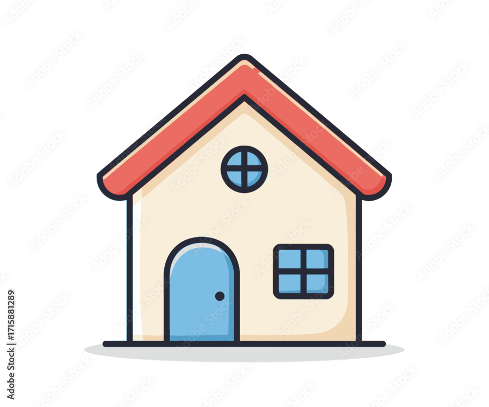 Fototapeta premium Simple cartoon illustration of a house with a red roof and light beige walls.