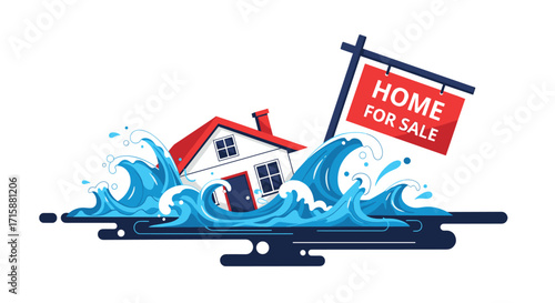 A house being submerged by floodwaters with a home for sale sign nearby.