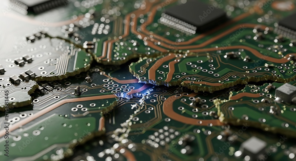 Obraz premium Fractured electronic circuit board with a glowing core concept art