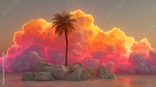 Palm in front of neon Clouds